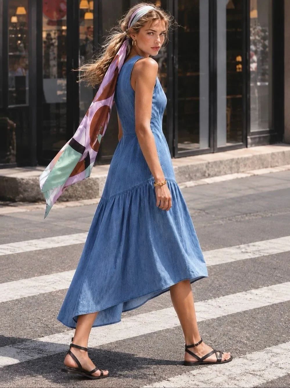 GAP NWT Chambray Denim Asymmetrical Midi Dress V-Neck Blue L Coastal Prairie - Picture 5 of 16